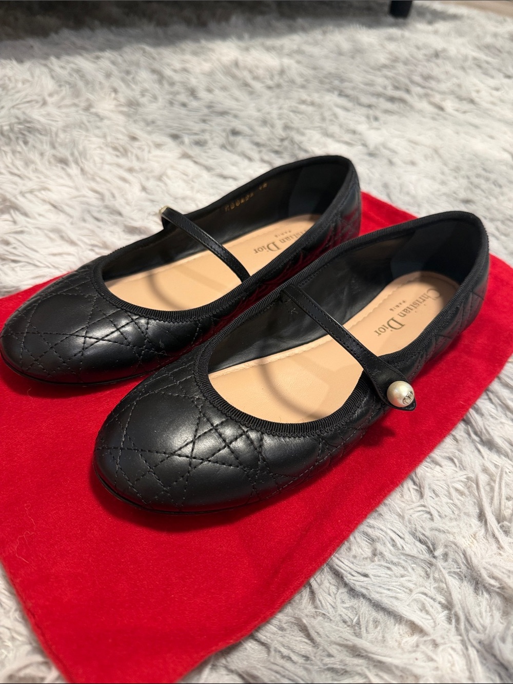 Dior Lambskin Cannage Pearl Ballet Flats Black